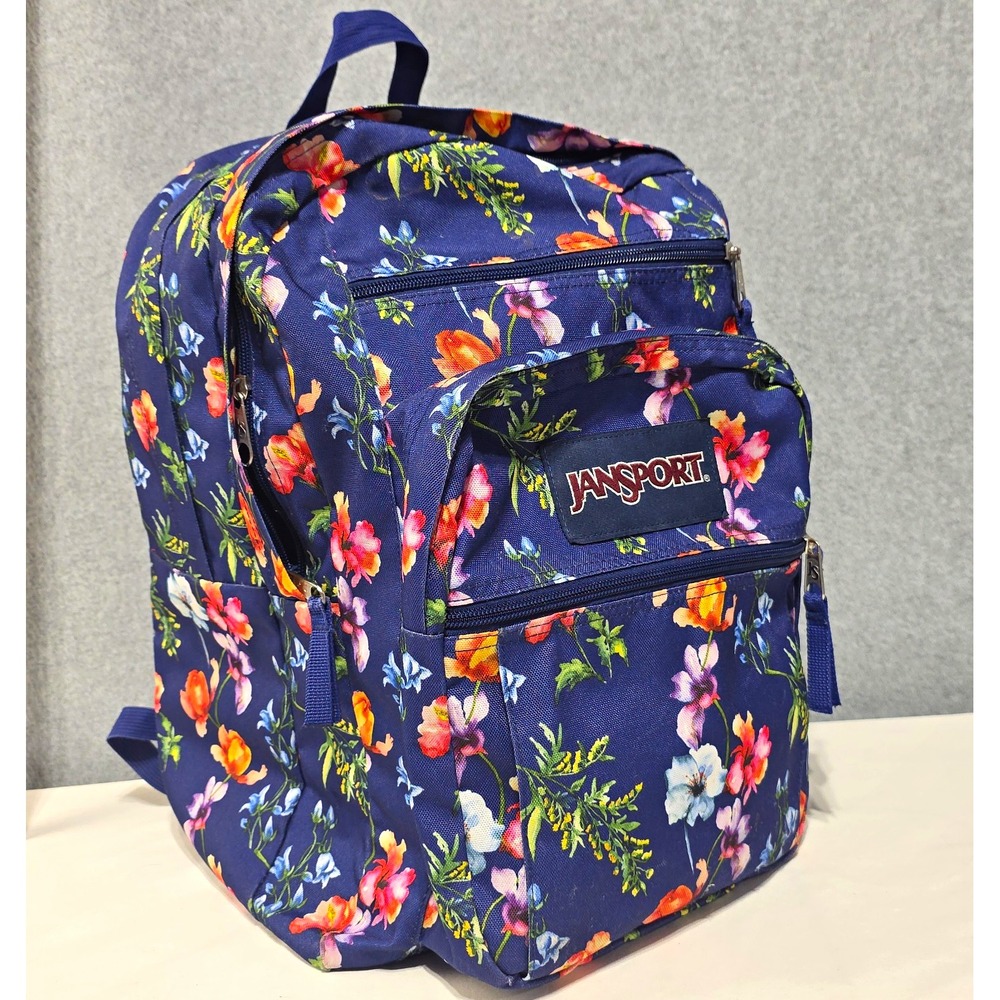 JanSport Big Student Blue Floral Backpack Polyester Zip Pockets